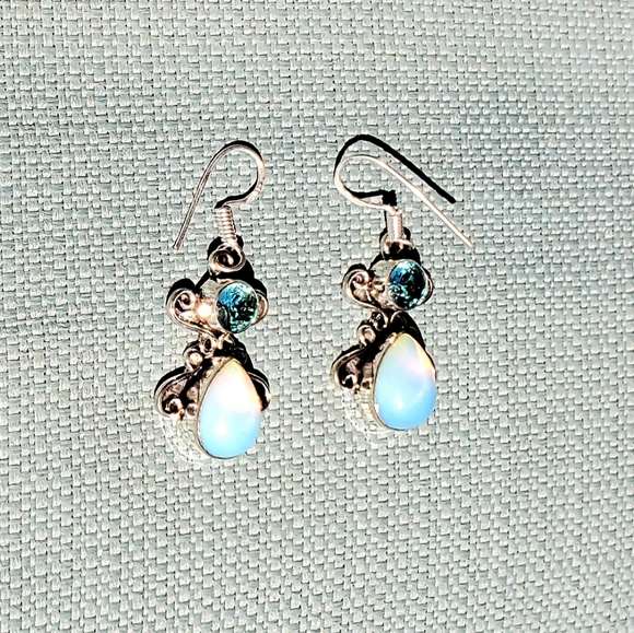 New Fiery Opalite and Blue Quartz Silver Earrings. - Picture 6 of 12